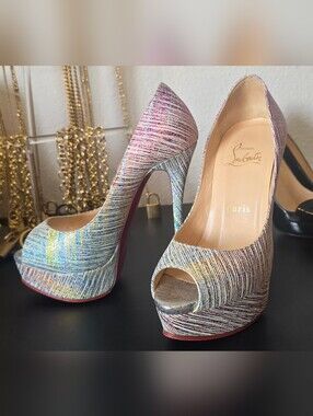 Christian Louboutin Laminated Suede Multicolor Peep-Toe Platform Pumps Sz 35